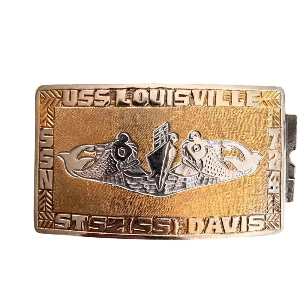 USS Louisville SSN-724 STS2(SS) Davis Belt Buckle Gold & Silver Tone Sub Navy